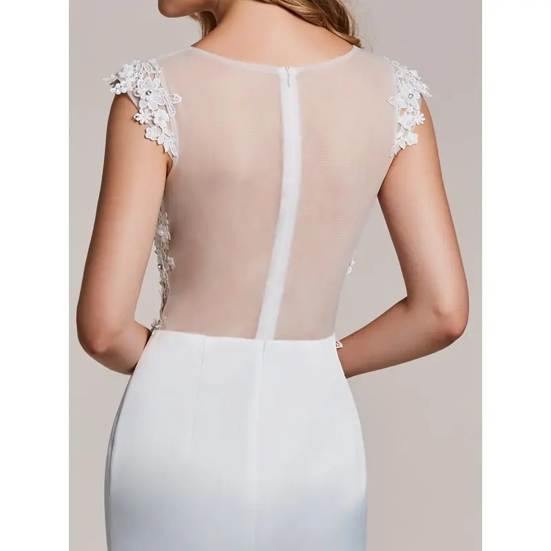 

Dressv asymmetry evening dress white appliques cap sleeves dress women party scoop neck beaded mermaid formal evening dresses