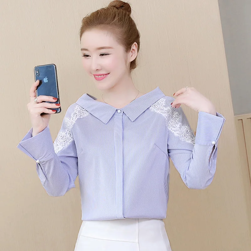 

New Spring Women Shirts Striped Dew Shoulder Blouse Shirt Blue 656