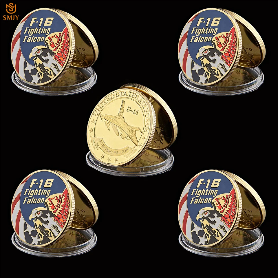 

5Pcs USA Military Fighter F-16 Fighting Falcon US Air Force Gold, Silver Fighter Challenge Collectible Coins Business Craft Gift