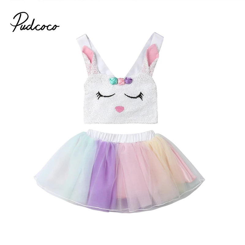 

Kids Baby Girl Rabbit Easter Day Costume 2Pcs Sunsuit Toddler Girls Baby Vest Top+Rainbow Tutu Skirts Dress Cosplay Party Dress