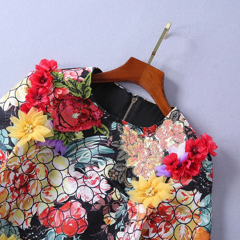 2019 Spring Party Colorful Floral Print Mini Dress Women Designer Runway Luxury Flower Appliques Sequins Female Dresses Clothes | Женская