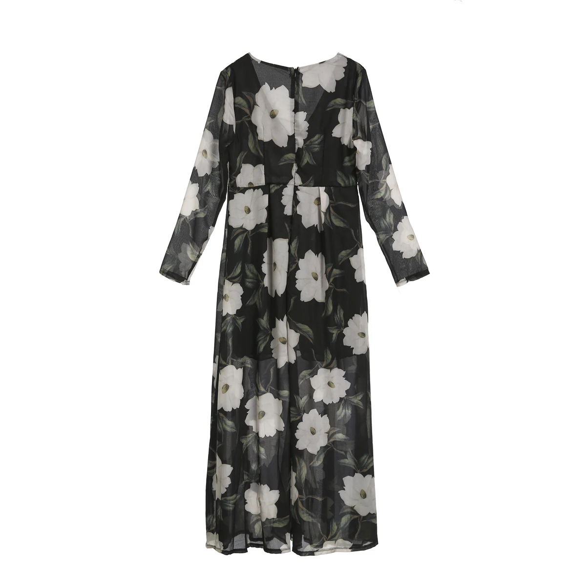 Женское длинное шифоновое платье с цветочным принтом длинным рукавом и V