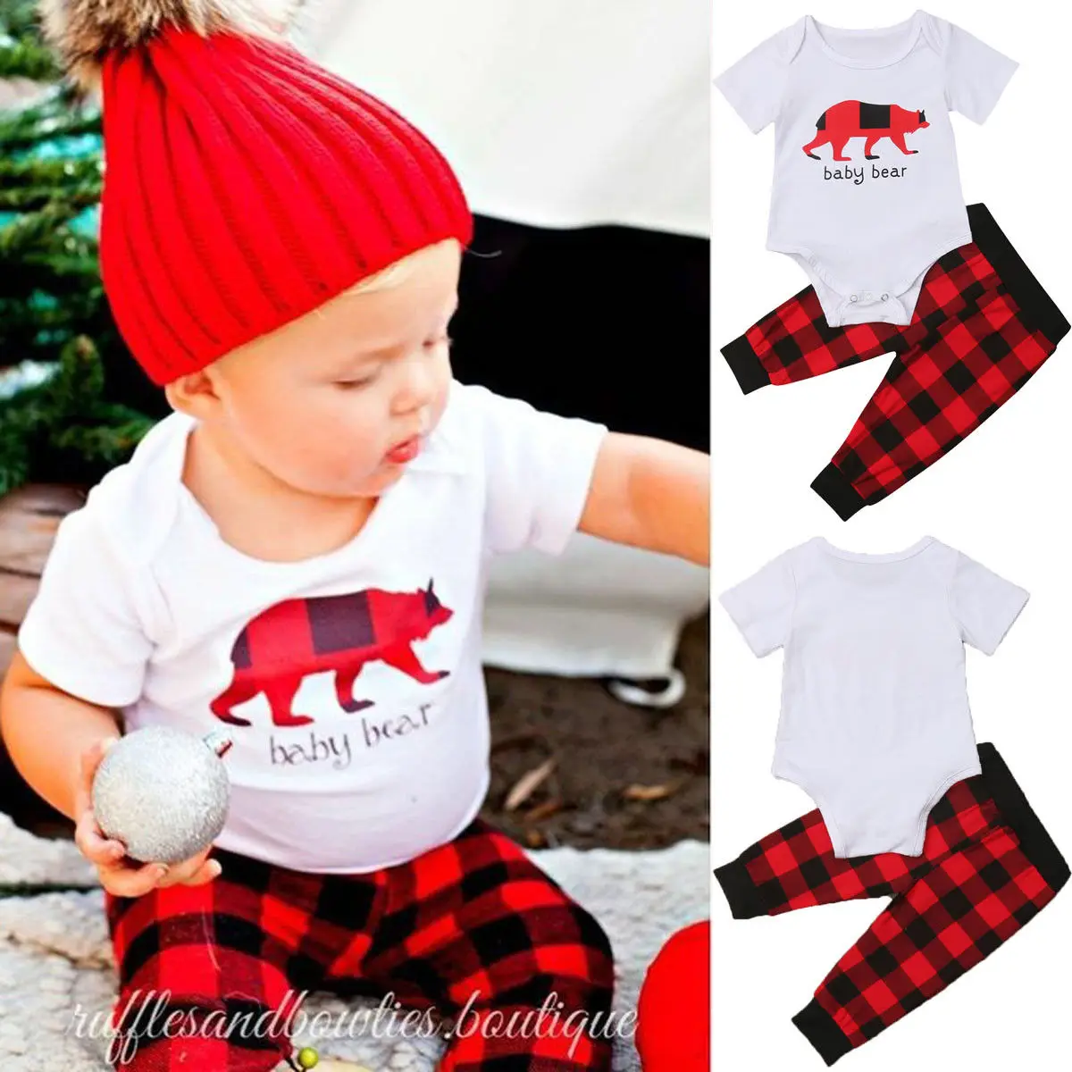 Newborn Baby Clothes Sets Christmas Cartoon Bear Boys Girls Costumes Toddler Bodysuits+Plaid Pants 2Pcs Outfit Set Clothing | Детская