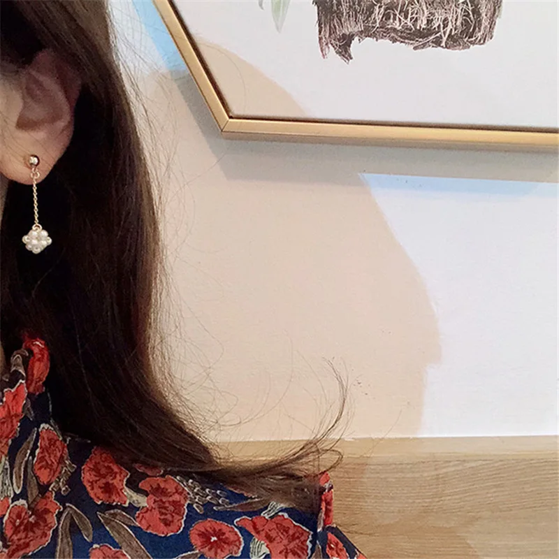 New Fashion Ins Korea Concise Exquisite Temperament Small Hand-twisted Pearl Ball Tassels Long Drop Earrings For Women Jewelry | Украшения