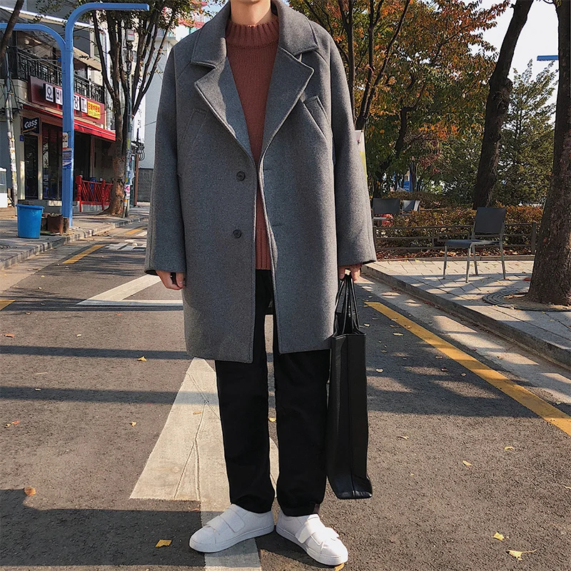 2018 Winter New Students Solid Color Casual Woolen Coat Men's Loose Korean Version Of The Gray / Black S-XL | Мужская одежда