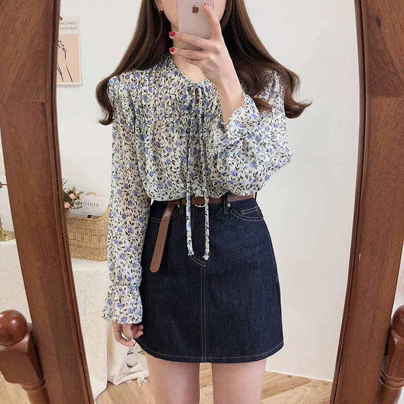 Шифоновые блузки рубашки Женский Топ одежда в Корейском стиле с длинным рукавом