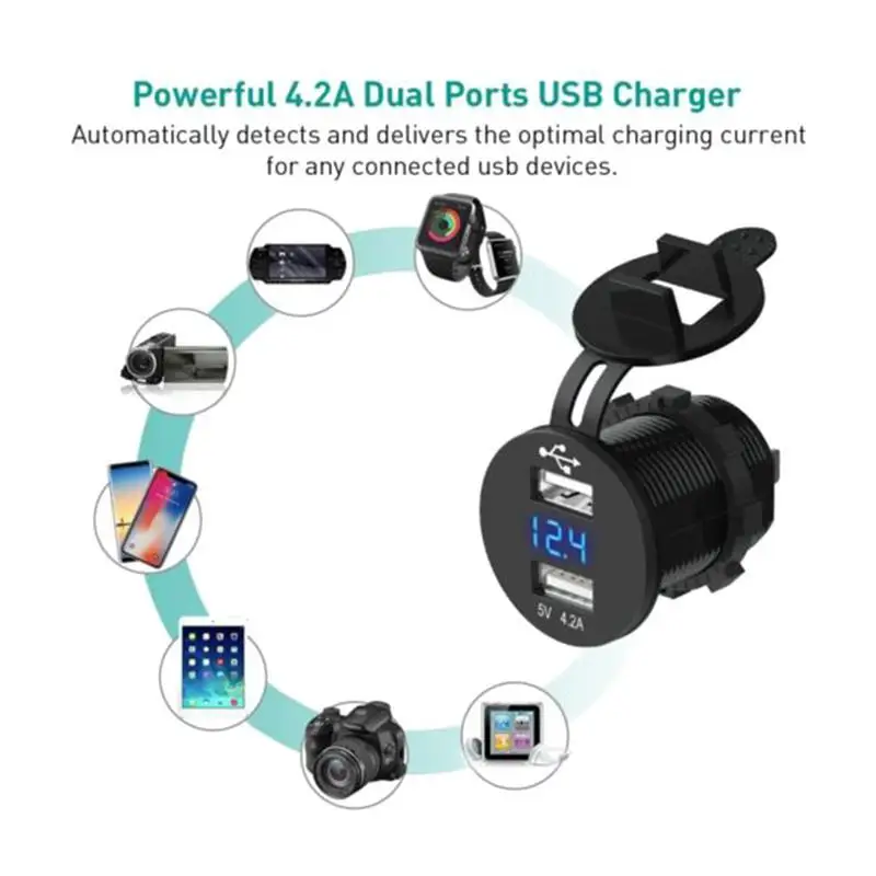USB Car Charger Socket Power 5V 2.1A /4.2A 12V-24V LED Digital Voltmeter Marine Adapter Universal for Phone Vehicle | Автомобили и
