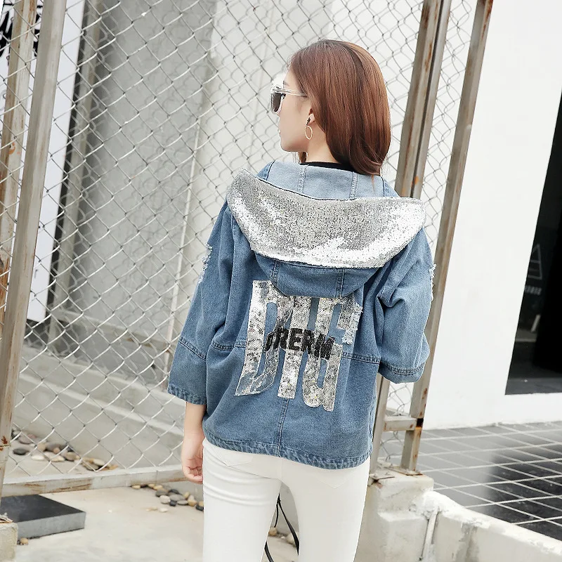 Harajuku Coat Women Bomber Jacket Denim Slim Coats Hooded Sequins Short Solid Outwear Chaqueta Mujer Vintage Biker Letter | Женская