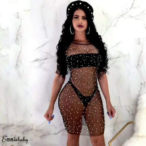 Sexy Womens Sequins Mesh Beachwear Swimwear Bikini Cover Up Ladies Lace Blouse Dress |