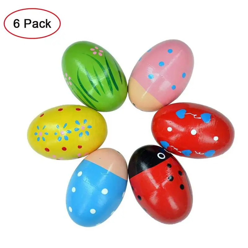 6PCS Wooden Percussion Musical Egg Easter Maracas Egg Vibrating Shaker Kids Toys Musical Instrument