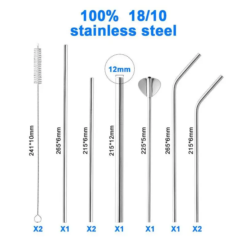 Stainless steel set of 10 reusable straws for milkshakes smoothies cocktails and cold drinks (4 straight + 3 | Дом и сад