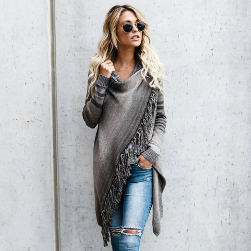 New Fashion Women Casual V-neck Long Regular Fit Asymmetrical hem Sleeve Tassel Cardigan Prints |