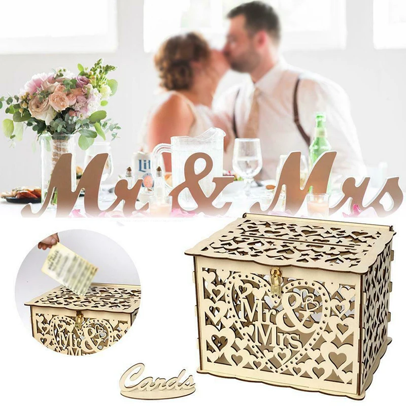 DIY деревянная коробка подарочной карточки Mr & Mrs резная с замком Свадебные