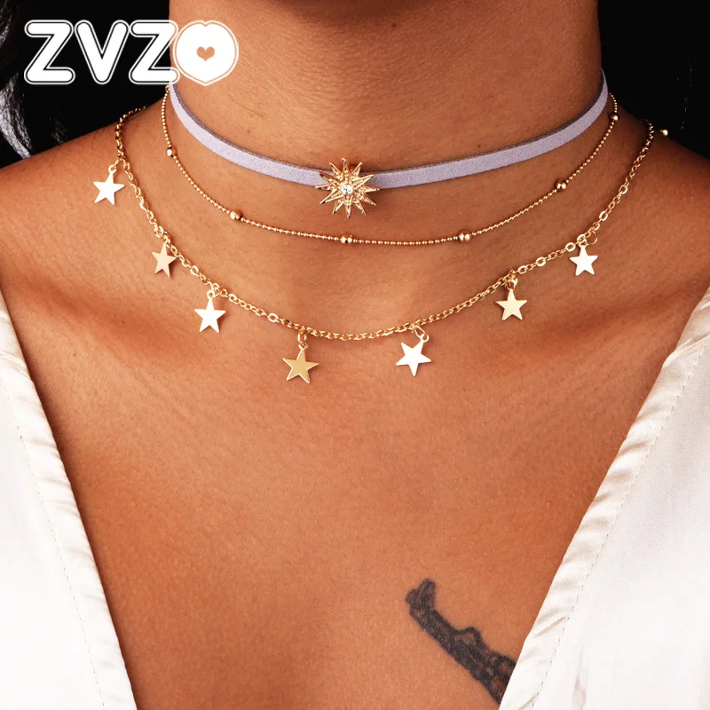 ZVZO 2019 Новый Boho женский чокер золотая цепочка солнце звезда 3 с несколькими слоями