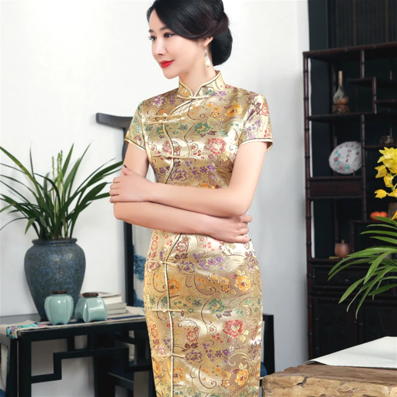 SHENG COCO Golden Brocade Qipao китайские платья с новым рисунком летние Сатиновые наклонной