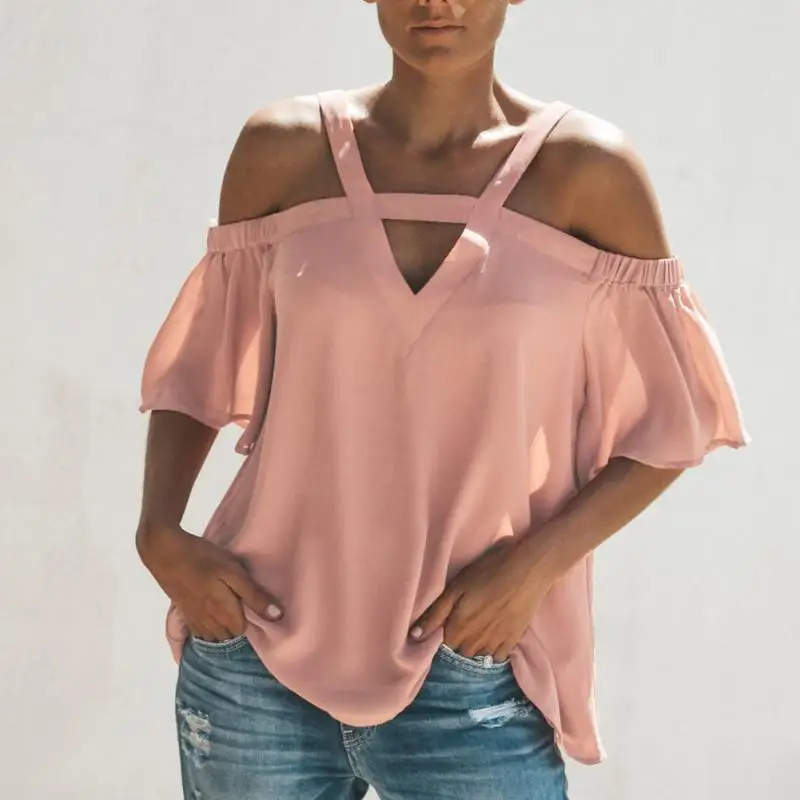 Женские Летняя шифоновая блуза с открытыми плечами нерегулярные v-образным