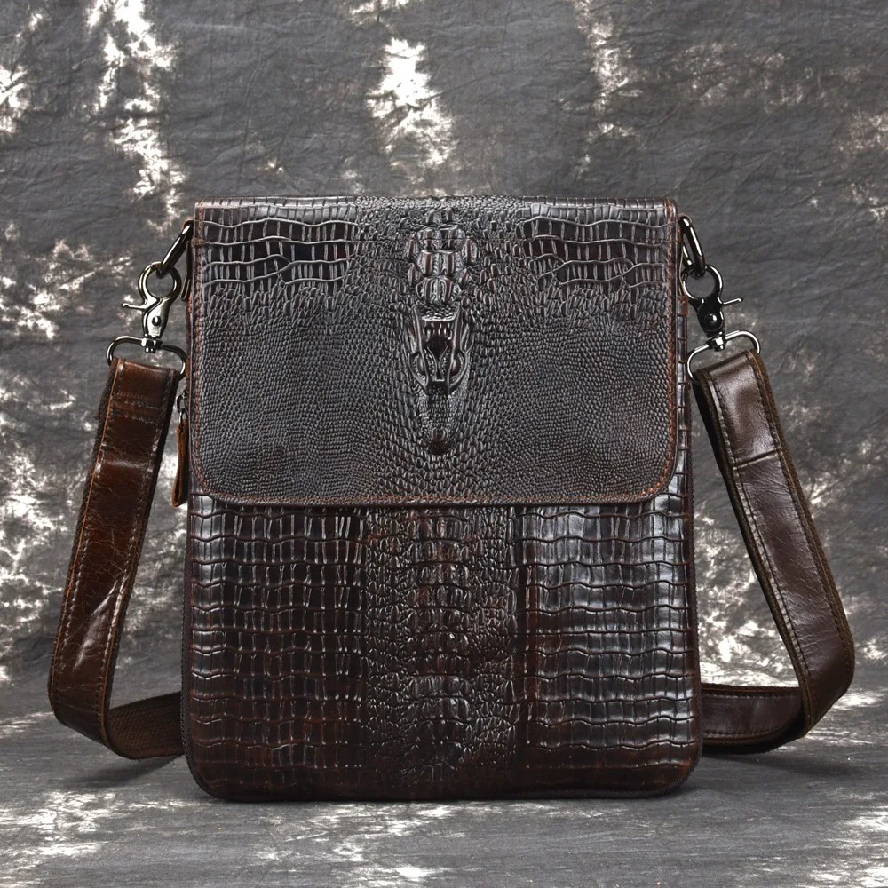 

Genuine Leather Messenger Shoulder Bags Luxury Crocodile Pattern High Quality Oil Wax Cowhide Men Business Cross Body Briefcase