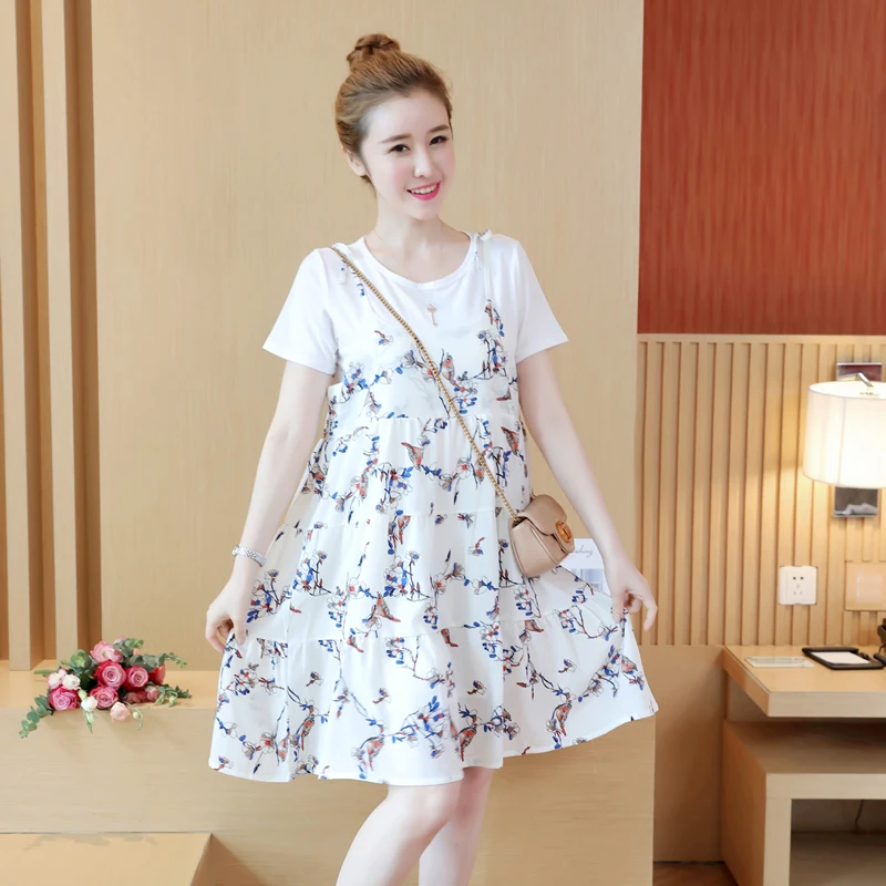2020 pregnant women short sleeves summer dress suits sleeve cotton tees+strap floral chiffon twinset maternity set | Мать и ребенок