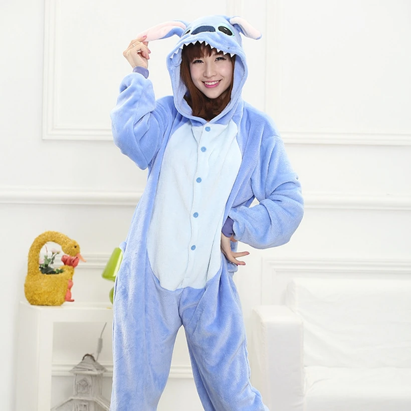 Winter Flannel Family Mother Father Kids Female Stitch Animal pajamas Girl Boy pajamas Woman Hooded Home Clothing Kigurimi