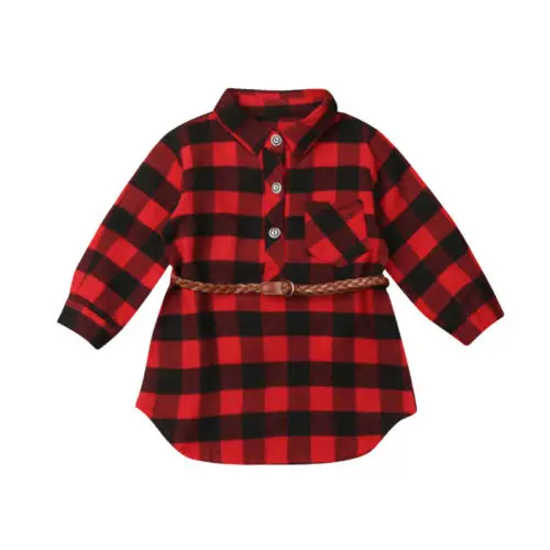 

Casual Girl Dress Newborn Kids Baby Girl Plaid Cotton Princess Long Sleeve Dress+Belt 2pcs Clothes