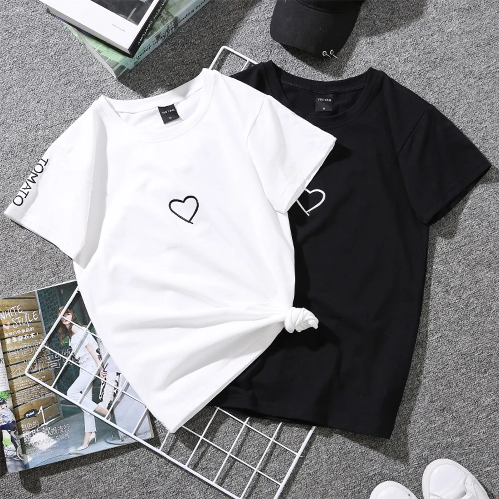 Women's Summer Black White Short Sleeve T-Shirts 2019 Simple Casual Couple Heart O-Neck Tops Girls Female Tee Shirt Size S-2XL | Женская