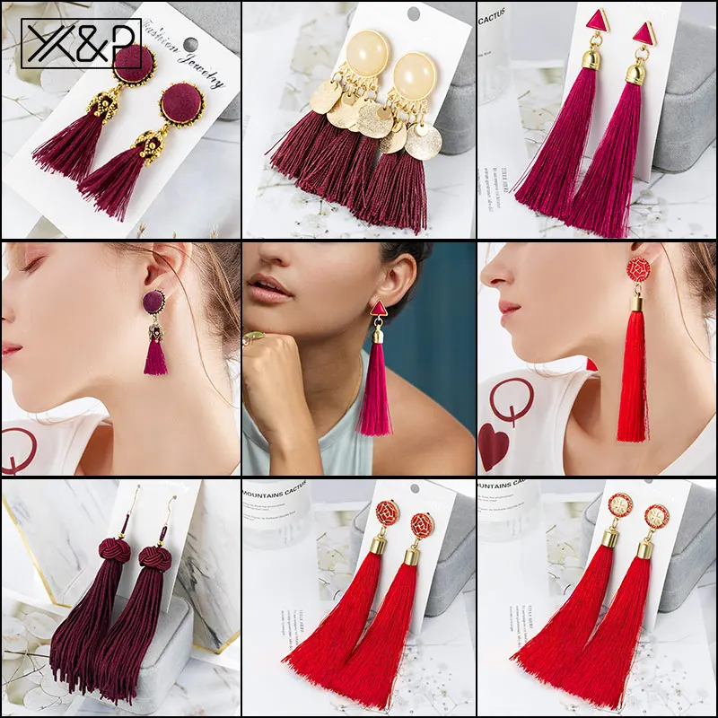 X & P богемный модные серьги кисточки Винтаж помпоном смолы кристалл красный