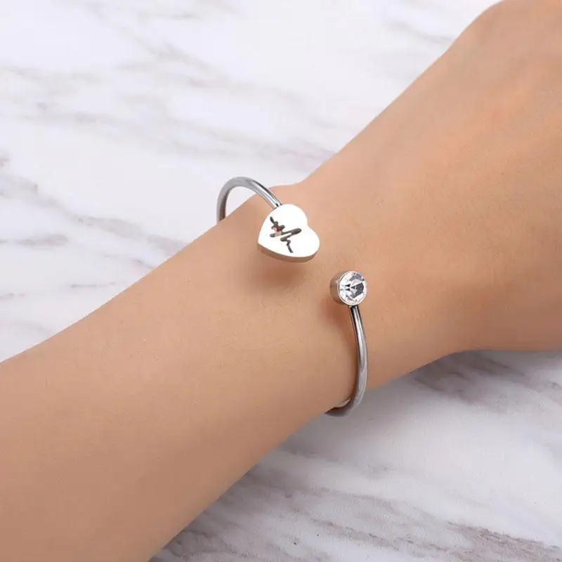 New Fashion Adjustable Crystal Heart Cuff Opening Bracelet Women Jewelry Gift Accessories Bangles Charming girls gift love | Украшения и