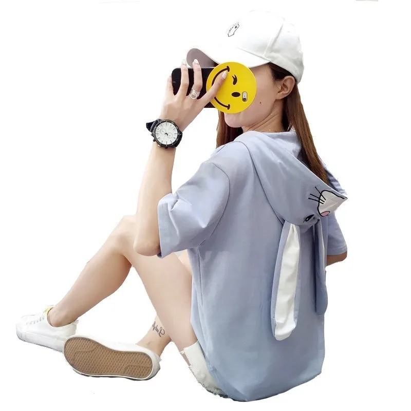 Женская футболка с капюшоном и длинными ушками милая розовая кроликом Kawaii