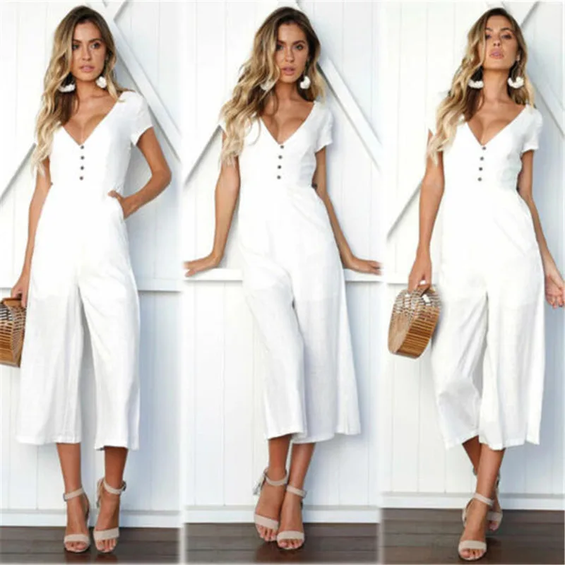 Office Lady Womens Playsuit 4Color Deep V Neck Slim Solid Bodysuit Party Jumpsuit Romper Chiffon Long Wide Leg Trousers Clubwear | Женская
