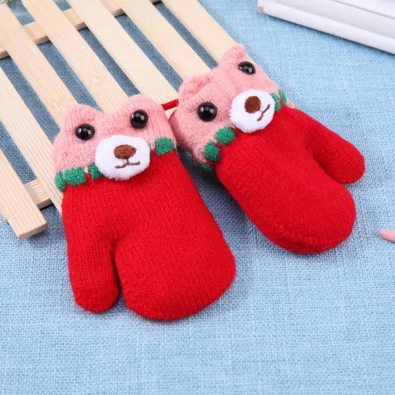 New Winter Warm Cute Cartoon Bear Pattern Fleece Knitting Kids Baby Gloves Mittens Care Accessories Handschoenen Kinderen | Детская