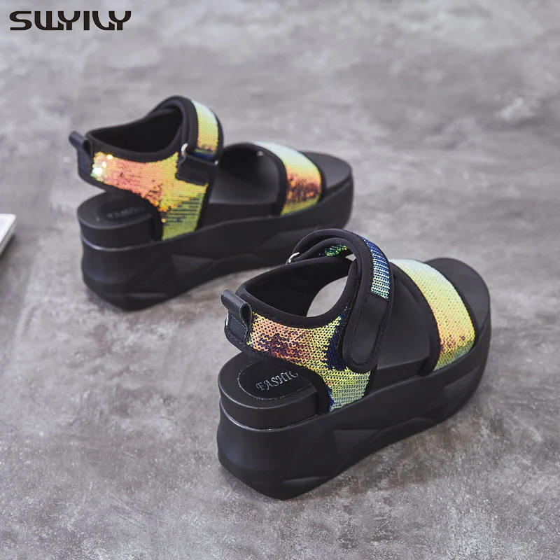 Женские сандалии SWYIVY летние туфли на танкетке с блестками застежке-липучке