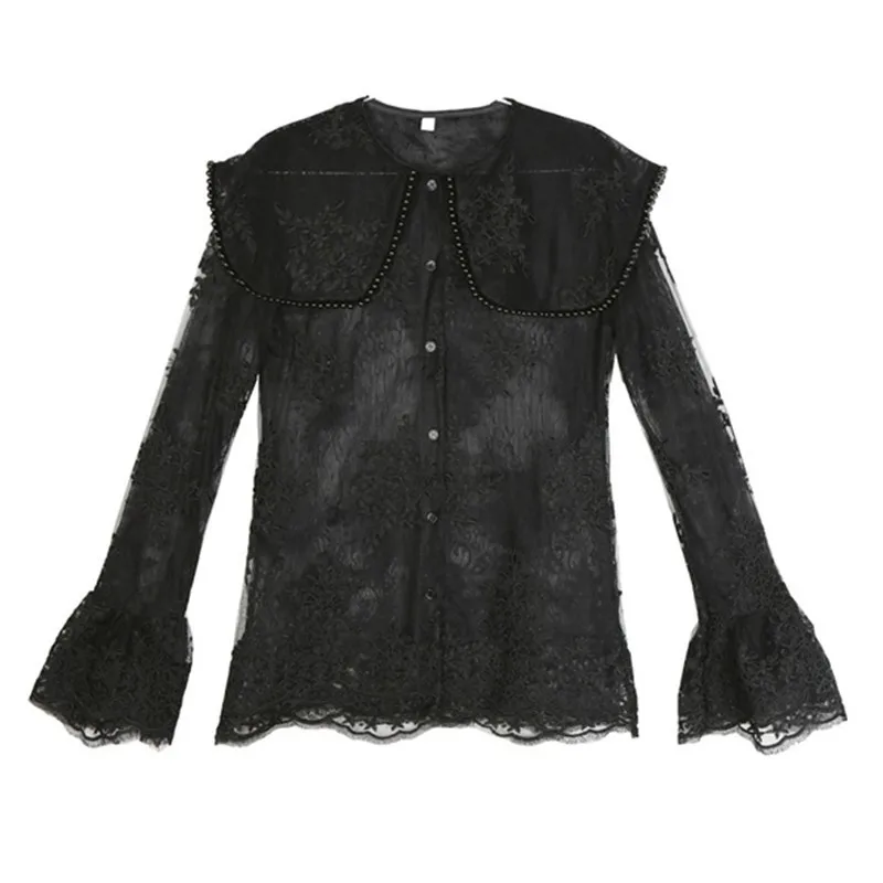 TWOTWINSTYLE Lace Shirts Tops Female Flare Long Sleeve Perspective Beading Blouse For Women Elegant Fashion Korean 2019 Autumn |