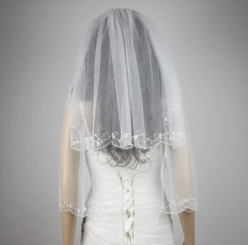 

wedding accessories 2 tier Elbow Length Bridal Veil hand beads embroidered White Beige comb bride veil velo de novia
