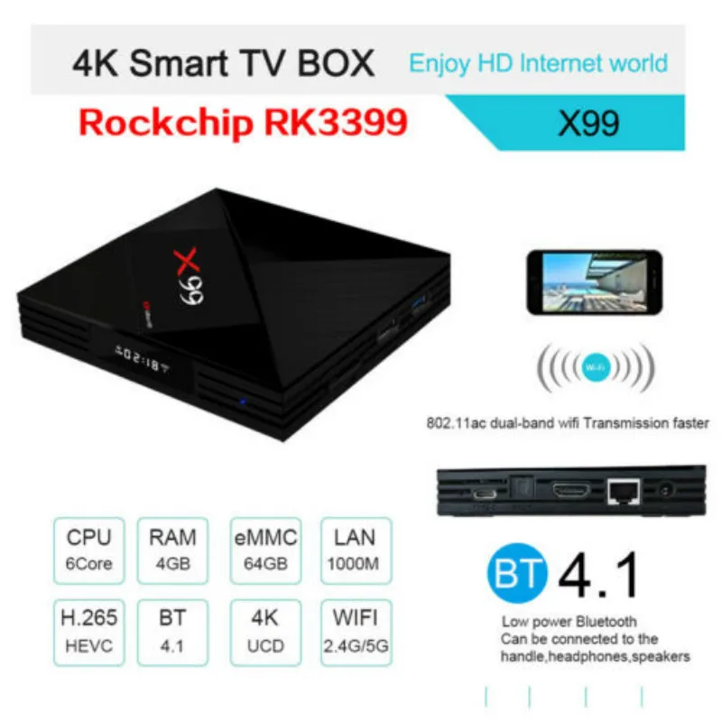 ТВ-приставка X99 4G/64G Android 7 1 4 Гб + 64 RK3399 шесть ядер wifi HD1080 | Электроника