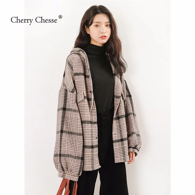 Cherry Chesse плед Для женщин с капюшоном Блузка Кнопка свободную рубашку женский