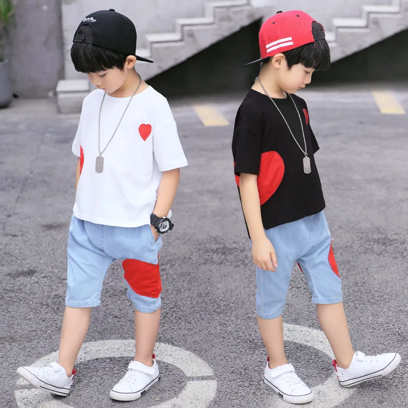 children casual patch 2 pcs set age for 3 - 12 yrs baby boys summer clothes t-shirt+short-pants simple school outfits 2019 | Детская