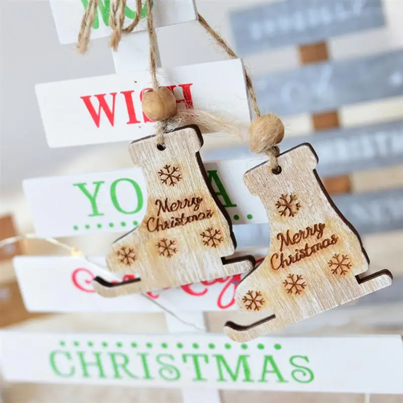 1 Pair Christmas Tree Decor Ice Skates Wood Ornaments Xmas Charms Hanging Pendants Craft Wooden Chips Slices Embellishments | Дом и сад