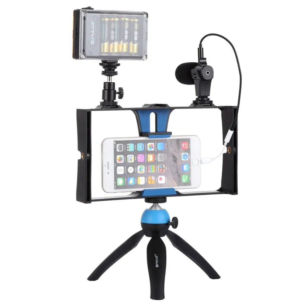 PULUZ Smartphone Video Rig + LED Studio Light Microphone Mini Tripod Mount Kits with Cold Shoe Head for iPhon |