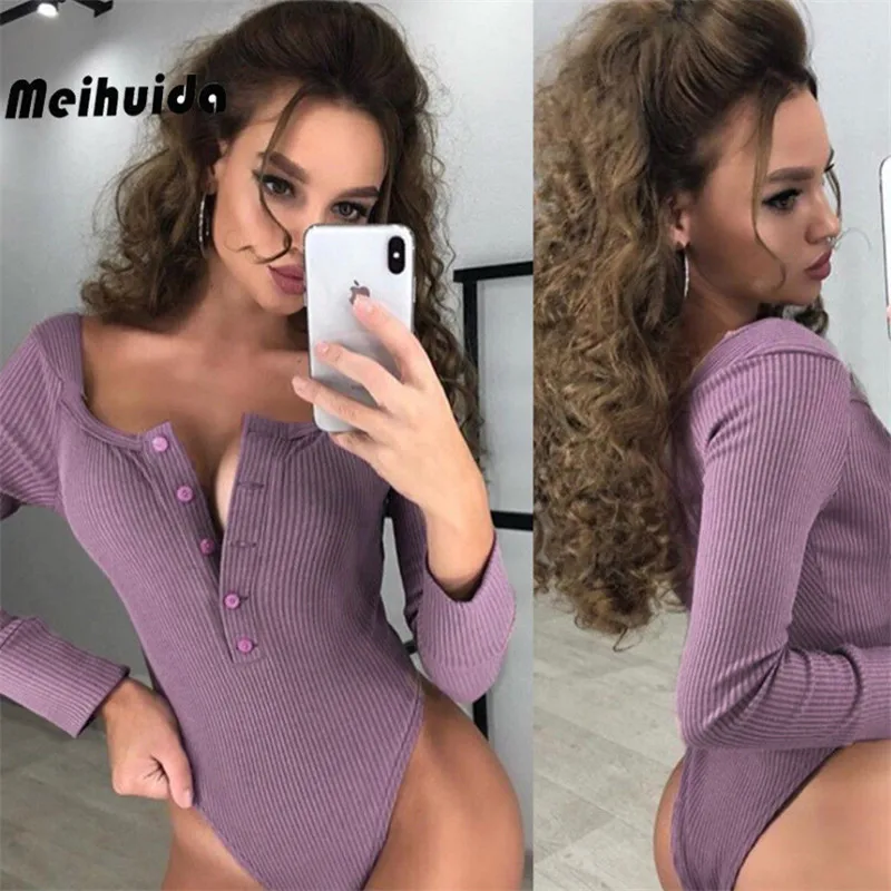 Женский сексуальный хлопковый боди с квадратным вырезом и длинным рукавом