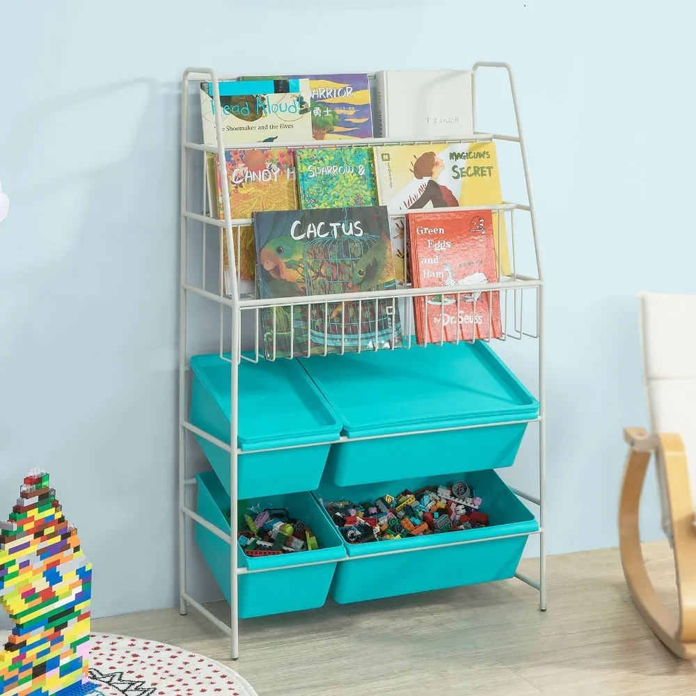 

SoBuy KMB07-B, Children Kids Bookcase Storage Display Shelving Unit Metal Organization Rack with Plastic Storage Boxes