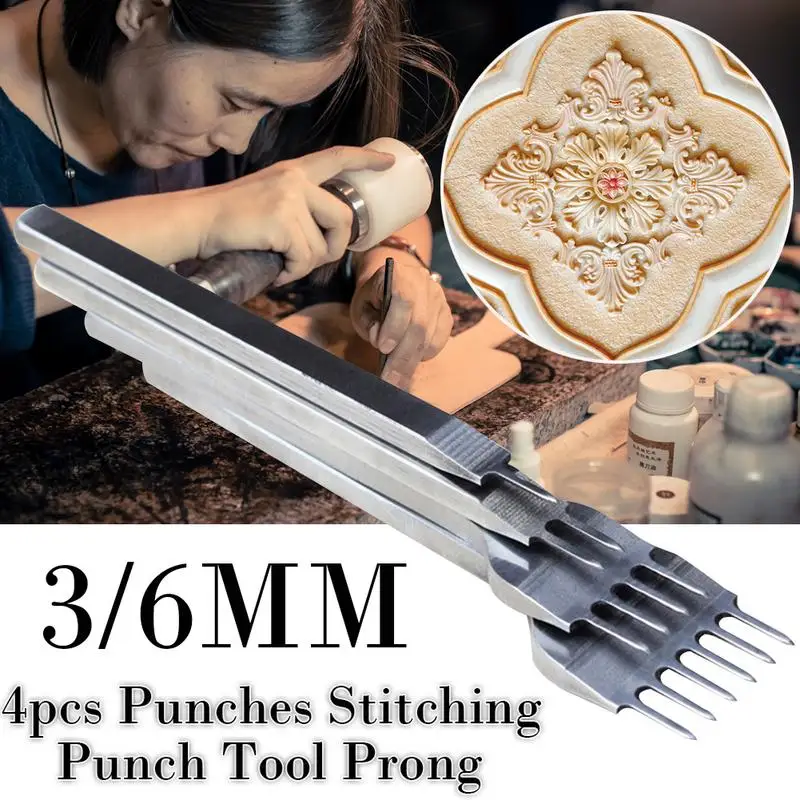 

4 Pcs/set 3/4/5/6mm Leather Craft Tools Hole Punches Lacing Stitching Punch Tool 1+2+4+6 Prong