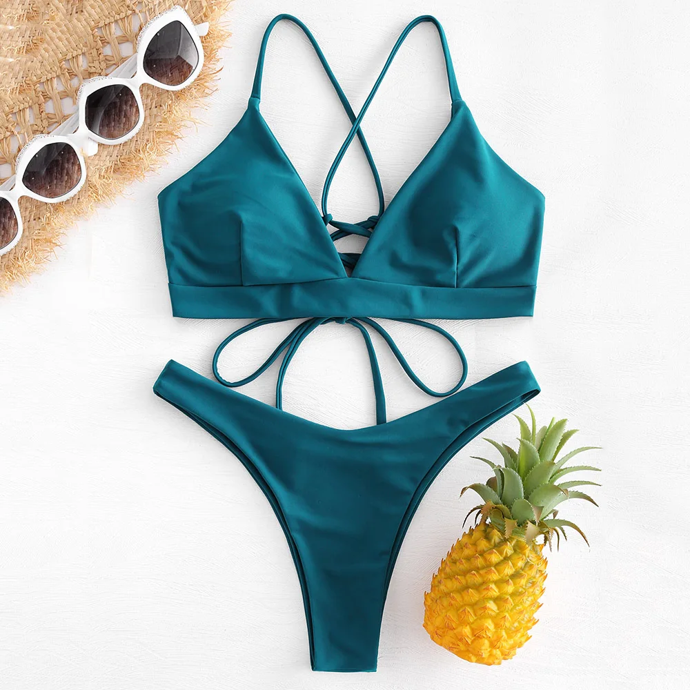 ZAFUL 2019 Bikinis Lace up Bikini Set Women Sexy Thongs High Cut Spaghetti Straps Bodysuit Solid Swimwear for Swimsuit |