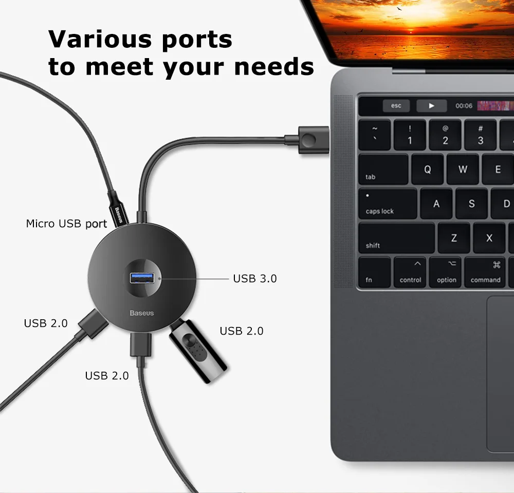 Baseus круглый блок концентратор адаптер 3 USB 0 порты 2 индикаторная лампа в ночное