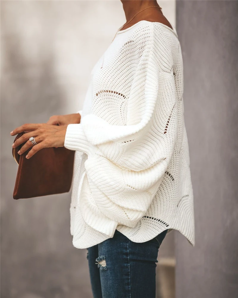New Fashion winter sweater women pull OL knit O-neck lantern sleeve knitwear hollow out pullover sexy sweaters woman clothes top | Женская