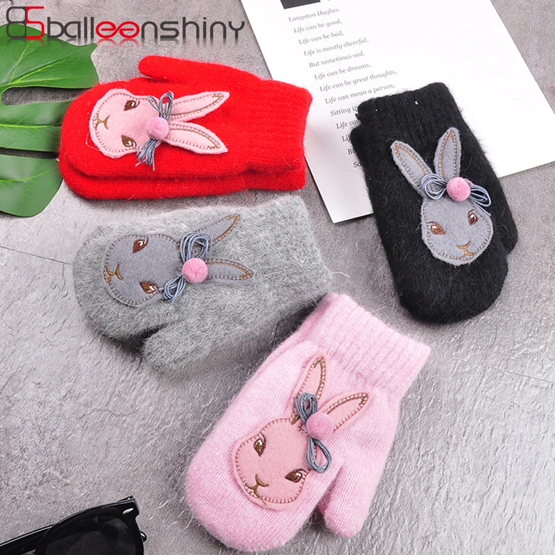 BalleenShiny Cartoon Rabbit Gloves Winter Children Thicken Warm Kids Girls Cute Full Fingers Hair Wool Mittens | Детская одежда и