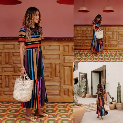 Женское длинное платье с коротким рукавом Boho свободное пляжное в полоску для
