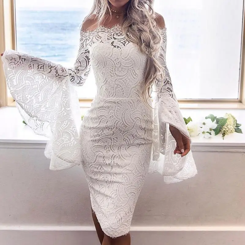Женское кружевное платье с открытыми плечами Glamaker летнее облегающее