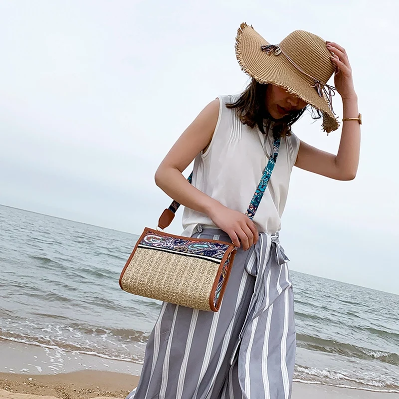 Boho ротанговая сумка Соломенная пляжная Женская этническая через плечо с цветным