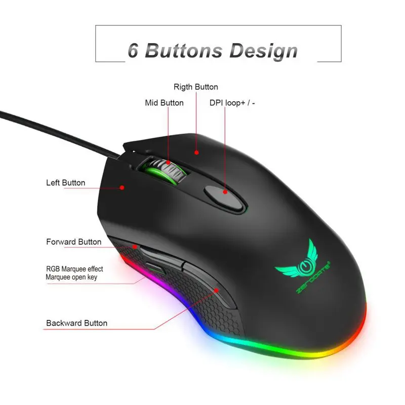 ZERODATE программируемая игровая мышь 4800 dpi 6 кнопок RGB с подсветкой USB оптическая для