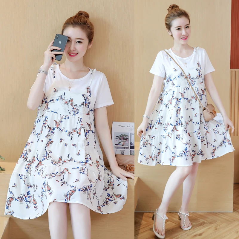 2020 pregnant women short sleeves summer dress suits sleeve cotton tees+strap floral chiffon twinset maternity set | Мать и ребенок